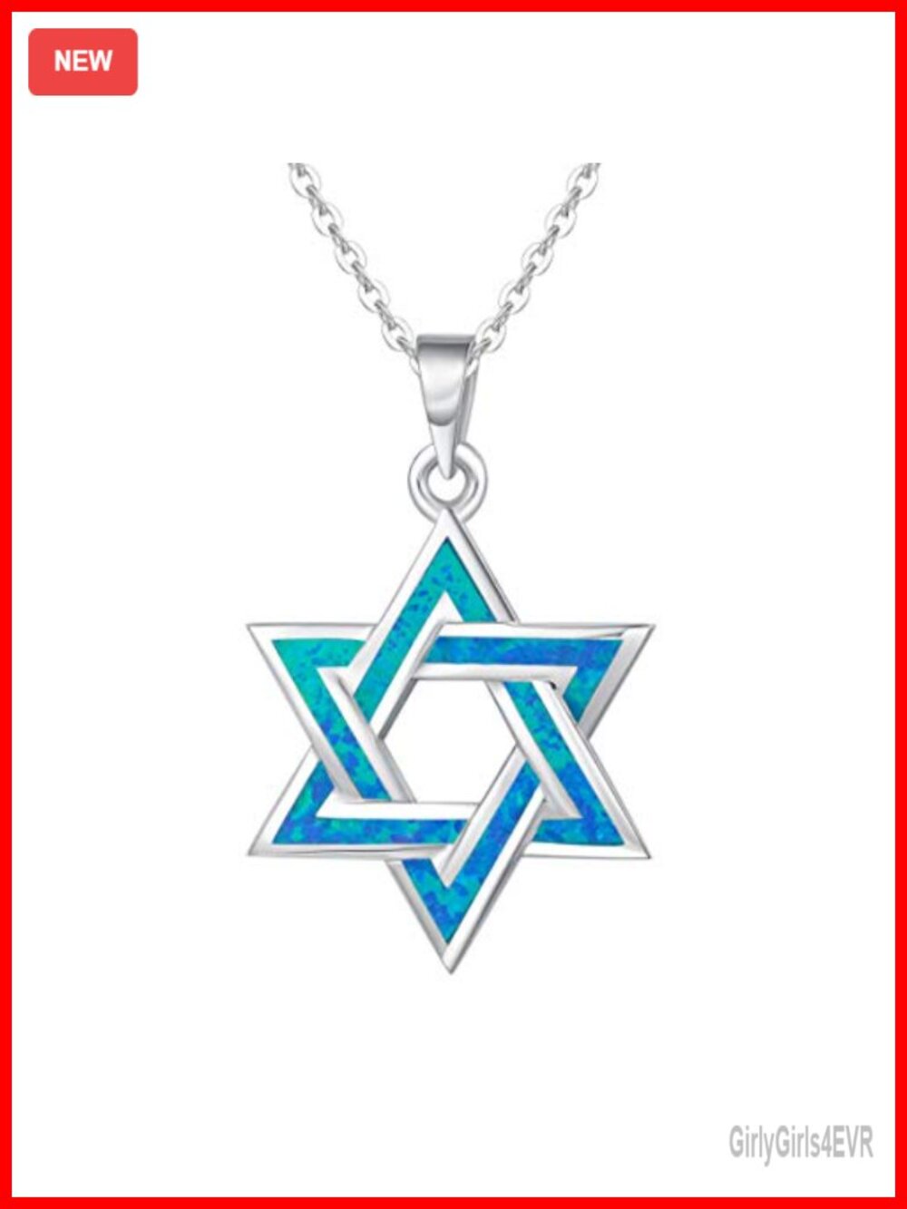 Sterling Silver Created Blue Opal Star of David Necklace 16 Inch Adjustable